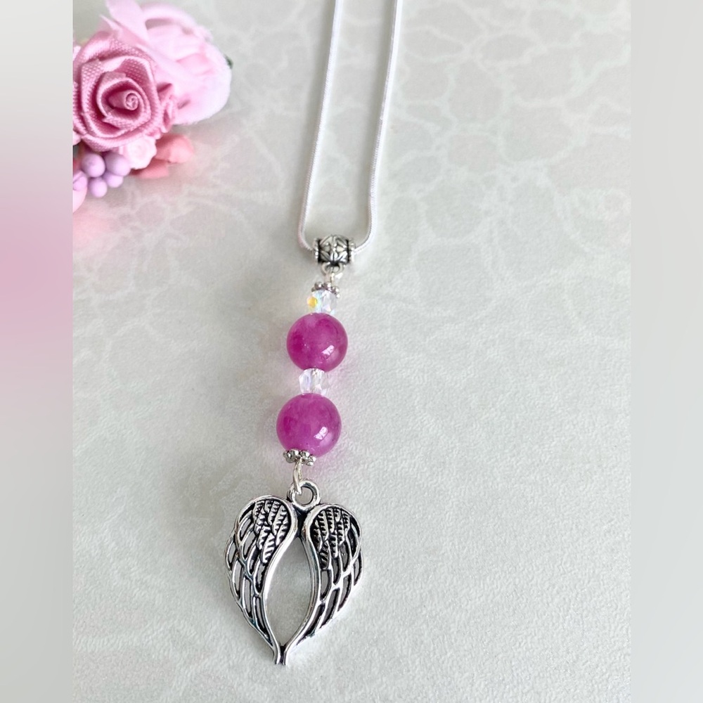 Pink Chalcedony Beaded Angel Wings Pendant with Sterling Silver Necklace